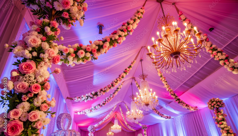 Obraz premium Elegant ballroom decorated with floral garlands and chandeliers, magical prom