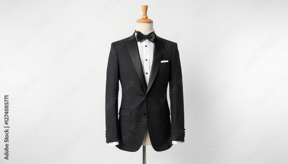 Classic black tuxedo displayed elegantly on mannequin, fashion presentation