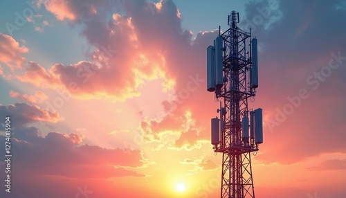 Illustration of antenna tower against sunset cloudy sky. Telecommunication base station features TV, wireless internet antennas. Telecom industry, connection, communication, technology, radiation