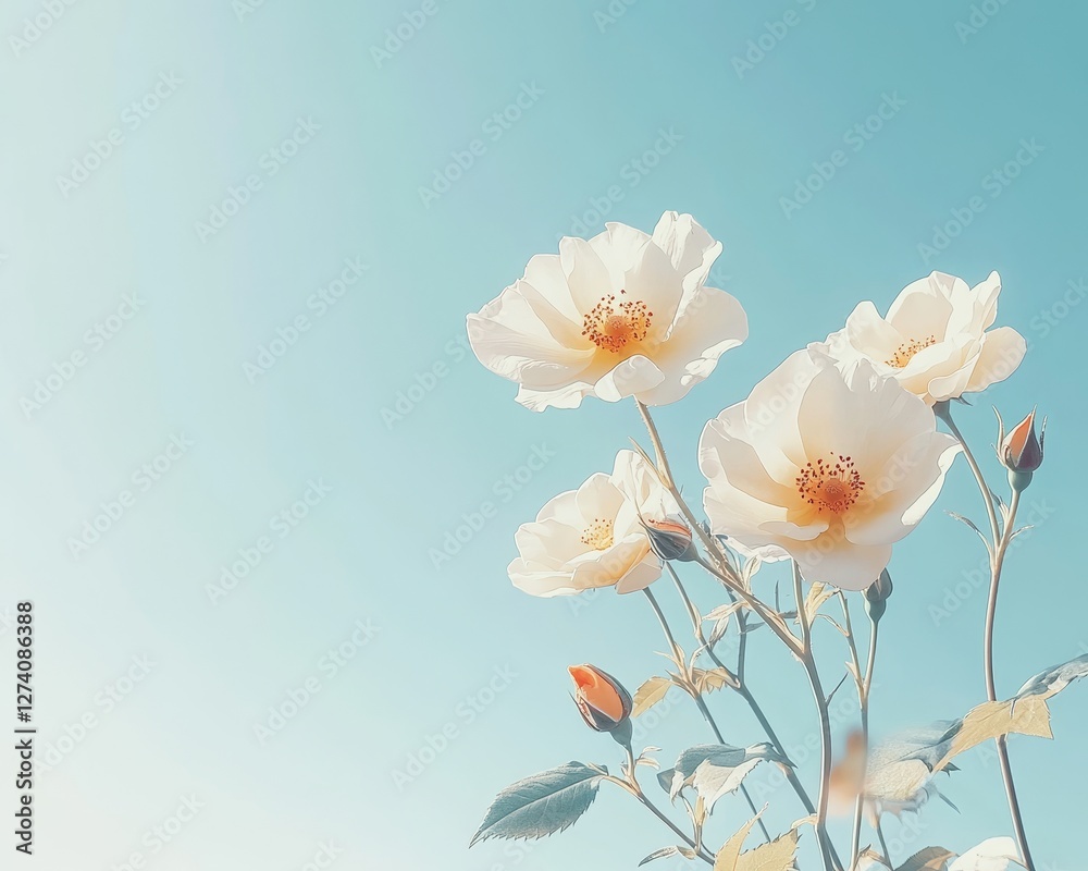 Fototapeta premium Delicate White Roses in Bloom A Botanical Portrait Against a Serene Azure Sky Backdrop
