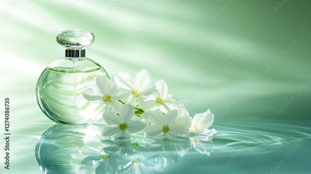 A fresh and natural fragrance concept featuring a glass perfume bottle, delicate white jasmine flowers, and a calming pale green background. A fresh and natural fragrance concept featuring a glass perfume bottle, delicate white jasmine flowers, and a calming pale green background.