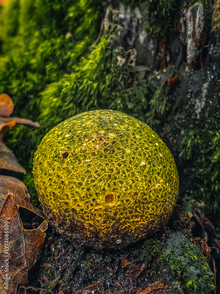 Close up of a green mossy mushroom growing on a tree trunk