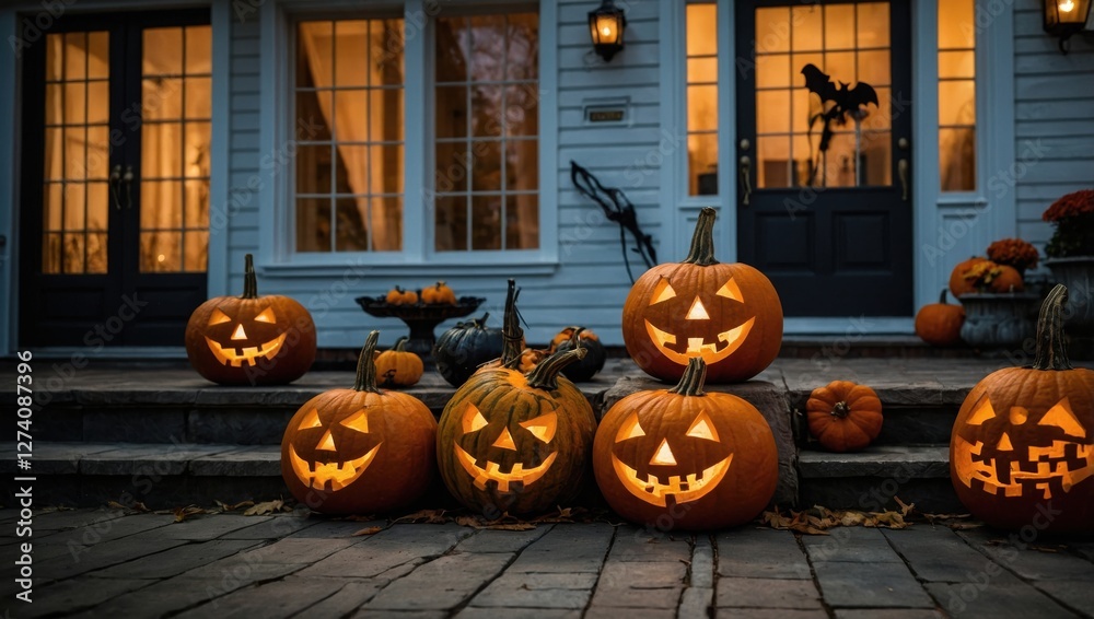 Fototapeta premium Halloween, illuminated pumpkins by the building, skull