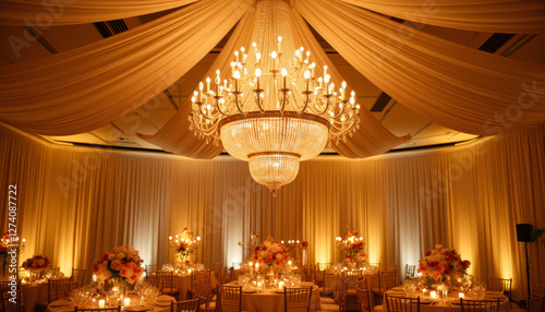 Elegant chandelier illuminating lavish prom venue with floral decor, romance