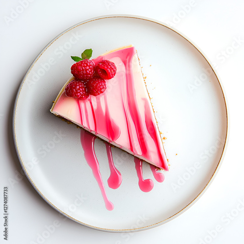Raspberry Cheesecake Delight: A decadent slice topped with fresh raspberries and sweet sauce on a modern plate.