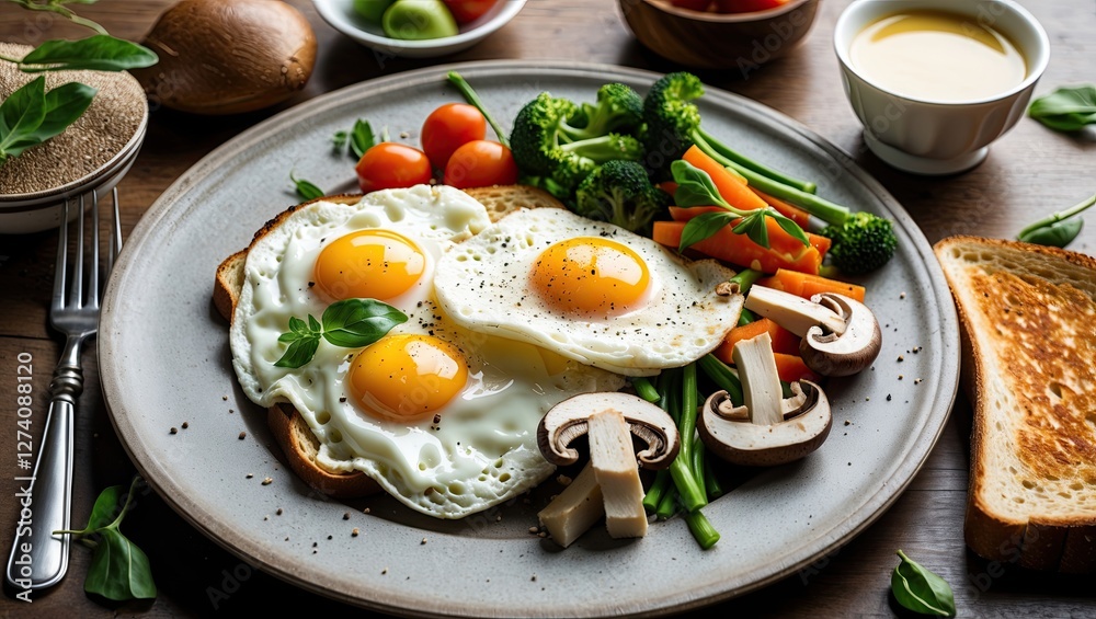 Delicious breakfast plate featuring sunny side up eggs, fresh vegetables, and whole grain toast, served on a rustic wooden table Delicious breakfast plate featuring sunny side up eggs, fresh vegetables, and whole grain toast, served on a rustic wooden table