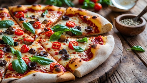 Delicious homemade pizza topped with cherry tomatoes, olives, and fresh basil on a wooden board photo