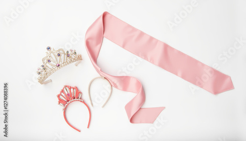 Elegant crowns and sash arranged on white backdrop, prom royalty