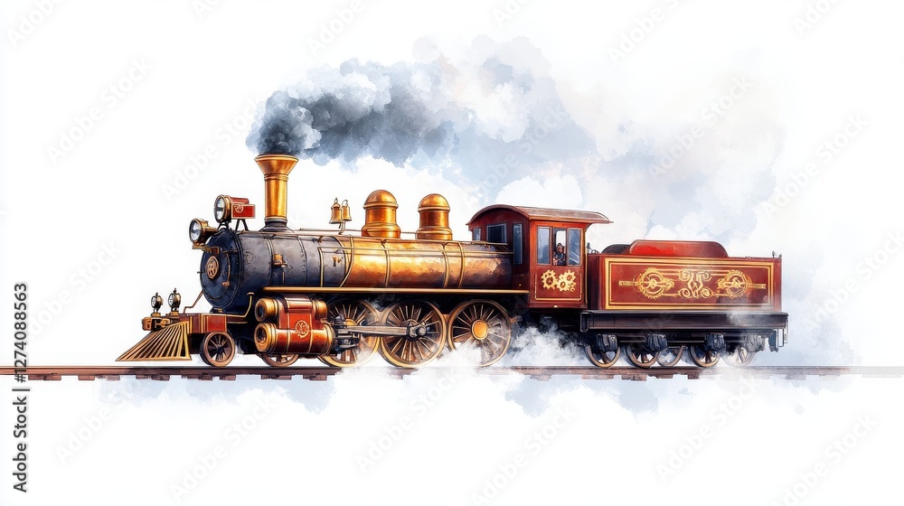 Obraz premium Vintage steam locomotive on rails with smoke and brass elements in classic design