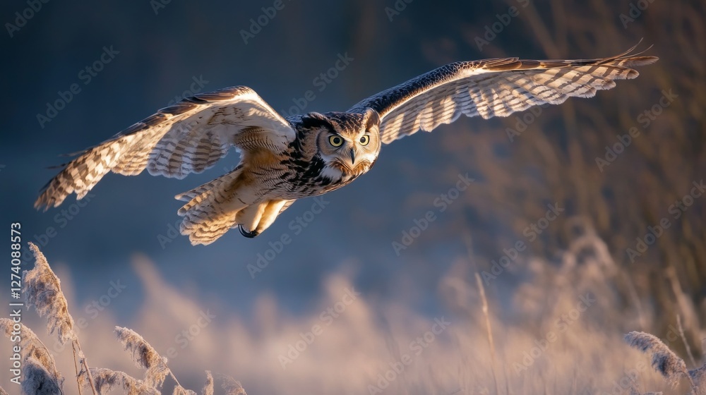 Fototapeta premium Eagle Owl in Flight over Frozen Reed