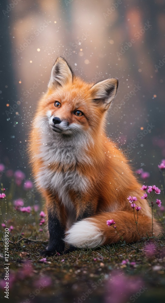 Fototapeta premium Magical Fox in a Dreamy Forest with Colorful Flowers