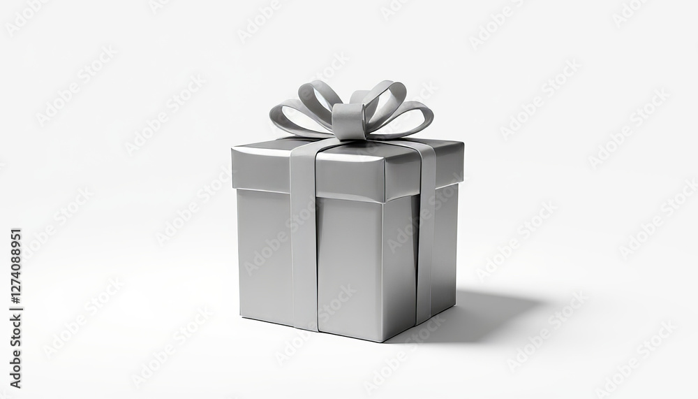 Obraz premium Elegant metallic gift box with ribbon against white background, gifting concept