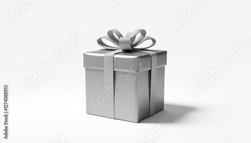 Elegant metallic gift box with ribbon against white background, gifting concept