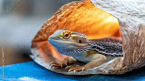 Bearded Dragon concept. Lizard resting in a cozy hideaway with warm lighting surrounding it.