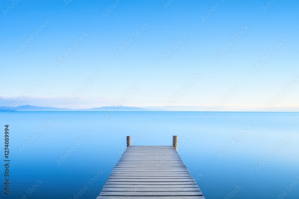Fototapeta premium Wooden dock extends into calm, blue waters under a clear sky, mountains visible on the horizon