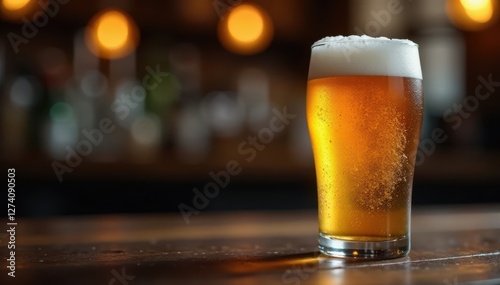Frosty beer glass rests on rustic wooden bar, bokeh background , surface, beer