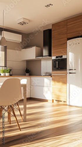 Sunlit contemporary kitchen interior design features white cabinets, wooden flooring, and a cork wall. A white chair sits at a dining table near a window. Natural light streams in, creating warm