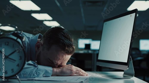 Stressed professional dozing at desk during late night, surrounded by computer with white screen and alarm clock, revealing workplace burnout and mental exhaustion