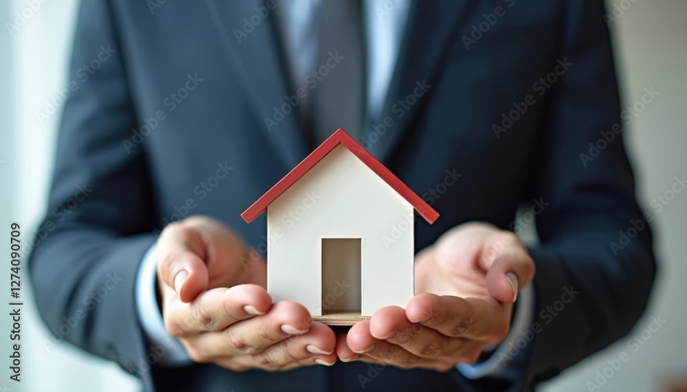 Businessman in suit holds house model on palms. Mortgage lending concept, real estate insurance, construction, design, residential building sale. Broker offers home loan, property investment. Man