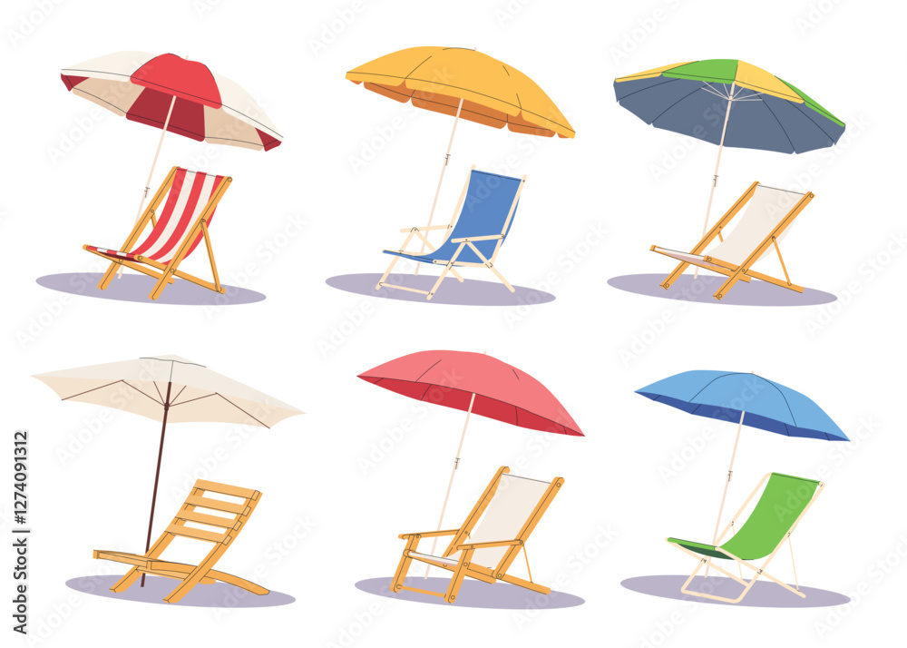 Beach chair lounger with umbrella. Summer vacation by the sea. Warm summer sunny days on vacation. Vector illustration