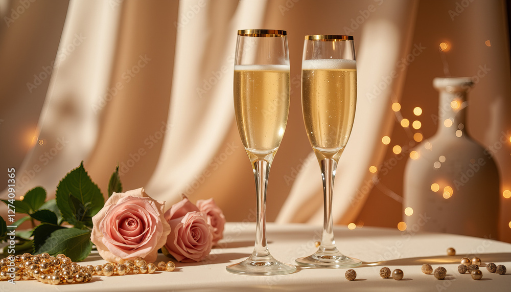 Elegant champagne glasses in upscale prom setting, celebration concept Elegant champagne glasses in upscale prom setting, celebration concept