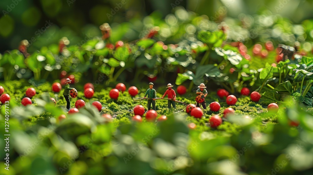 Miniature figures tending to a vibrant garden filled with red berries and lush green foliage. Miniature figures tending to a vibrant garden filled with red berries and lush green foliage.