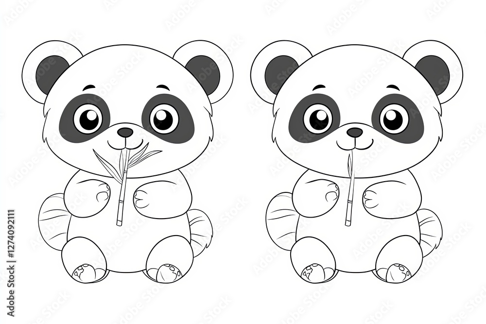 Naklejka premium Baby panda eating a tiny bamboo stick, smiling.