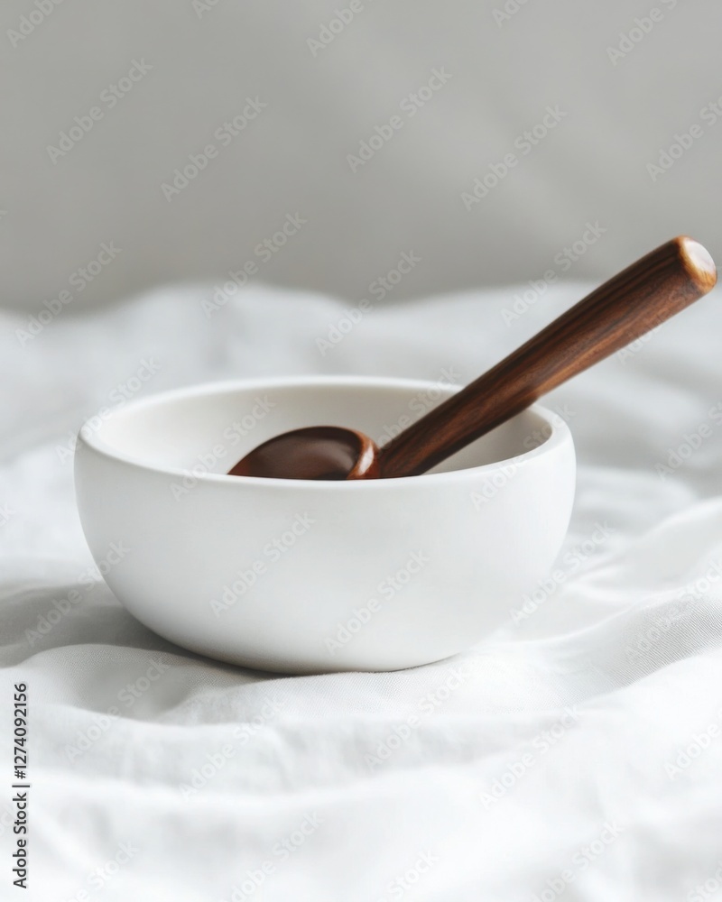 Minimalist White Bowl with Wooden Spoon on Soft White Fabric Minimalist White Bowl with Wooden Spoon on Soft White Fabric