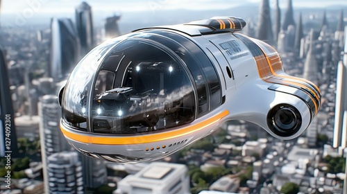 Modern transportation concept showcases a futuristic hover vehicle soaring above a vibrant city skyline during daytime