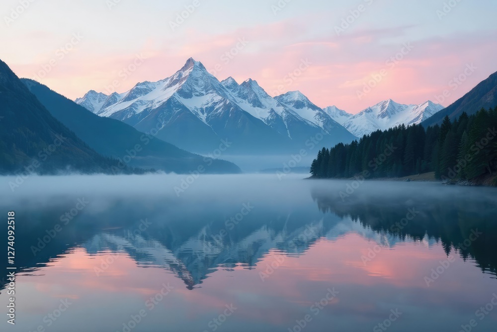 Misty morning with a serene lake and majestic mountain range, lake, range Misty morning with a serene lake and majestic mountain range, lake, range