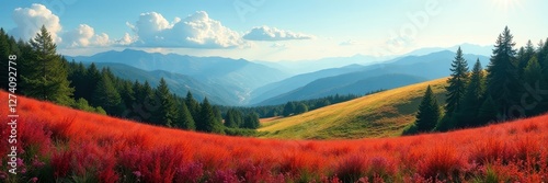 Rolling hills, vibrant forest carpet, distant peaks, wild, landscape