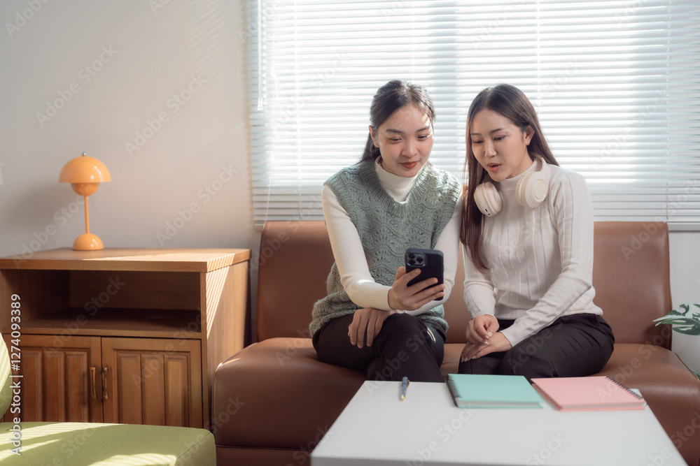 Two colleagues sit together on a sofa, discussing ideas while looking at a smartphone. Notebooks and headphones suggest a creative or tech-related work environment Two colleagues sit together on a sofa, discussing ideas while looking at a smartphone. Notebooks and headphones suggest a creative or tech-related work environment
