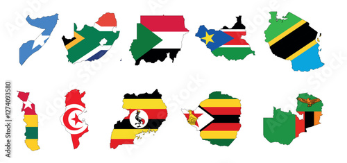 Map of African countries Sudan, Tunisia, Tanzania, Zambia, Mozambic 