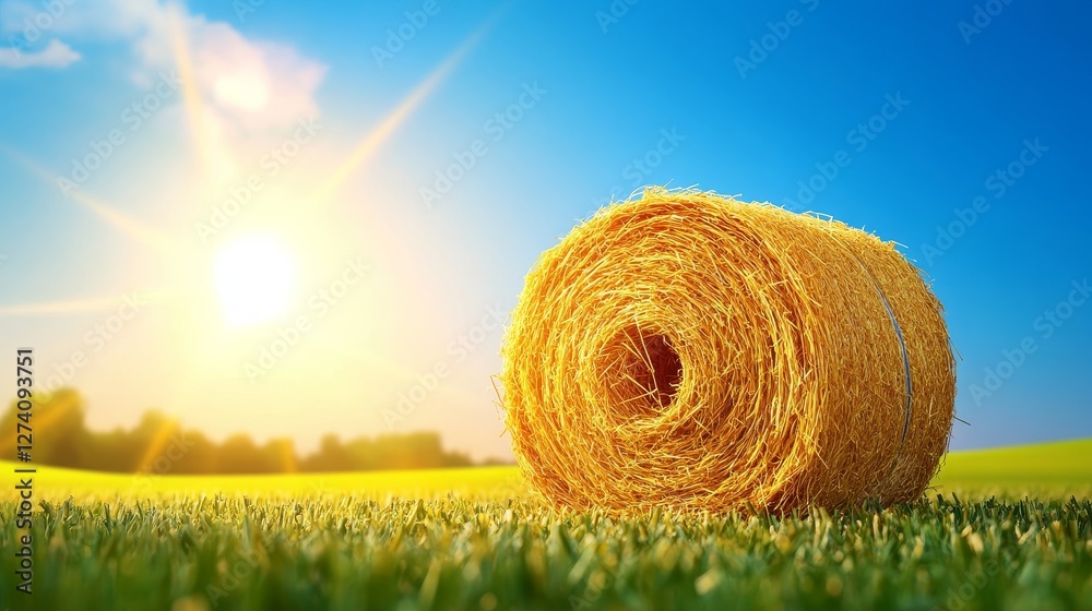 Golden Hay Bale at Sunset - A single golden hay bale rests in a vibrant green field, bathed in the warm glow of a setting sun. Symbolizing harvest, abundance, rural life, tranquility, and summer Golden Hay Bale at Sunset - A single golden hay bale rests in a vibrant green field, bathed in the warm glow of a setting sun. Symbolizing harvest, abundance, rural life, tranquility, and summer