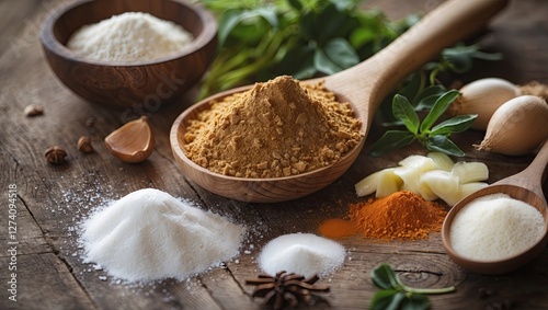 A variety of spices and ingredients displayed on rustic wooden texture, featuring brown sugar, salt, turmeric, and herbs