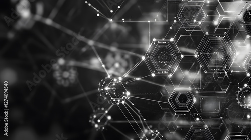 Abstract black and white digital network with interconnected hexagons.