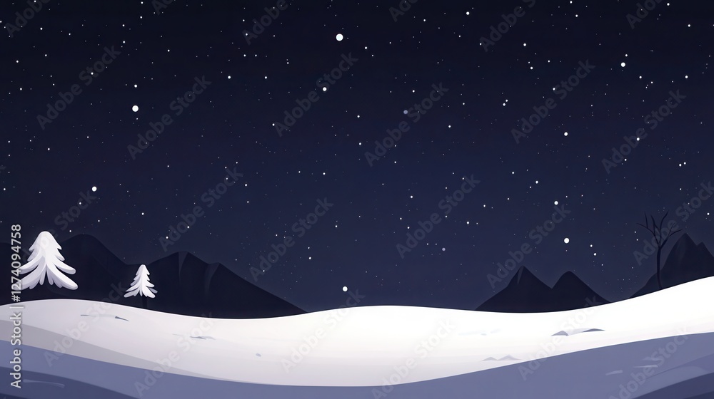 Naklejka premium Minimal Winter Landscape Under Starry Night Sky Illustration