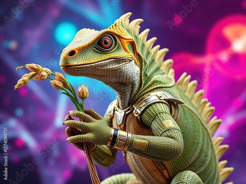 Iguanodon Cyborg Holding Sorgho in Futuristic Landscape