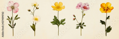 A delicate botanical Herbarium illustration of Cowslip, Pasque Flower, Pheasant Eye, Evening Primrose, Buttercup, Wild Geranium, isolated on old paper with muted pastel colors, floral poster, banner