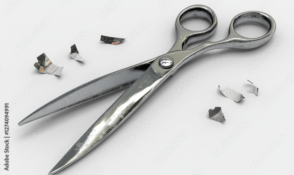Obraz premium A pair of shiny scissors resting on a clean surface, surrounded by small metallic shavings, suggesting recent use