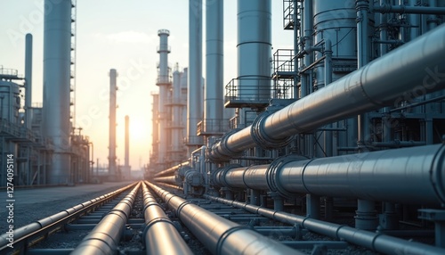 View of carbon capture system at industrial plant. Tall metal towers, pipelines for gas absorption, storage. Clean sustainable tech assembly line at modern factory. Eco friendly production of energy.