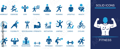  Fitness Icon set Workout, Exercise, Gym, Training, Yoga, Running, Strength, Bodybuilding, Flexibility, Energy
