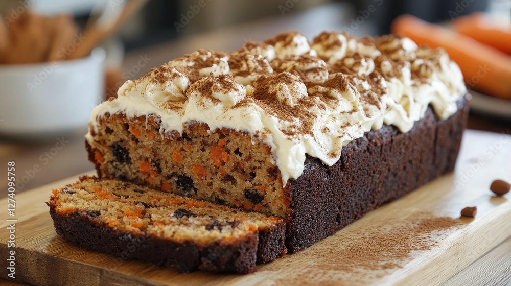 Homemade carrot cake loaf, freshly sliced to reveal its moist texture, served with cream cheese spread and cinnamon dusting Homemade carrot cake loaf, freshly sliced to reveal its moist texture, served with cream cheese spread and cinnamon dusting