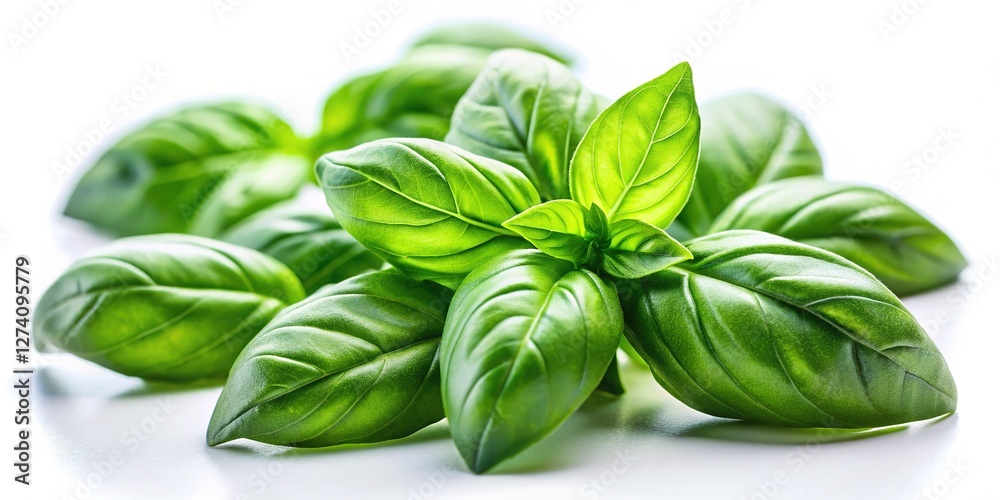 Fototapeta premium Isolated basil leaves, tilt-shift effect, white background, clipping path included.