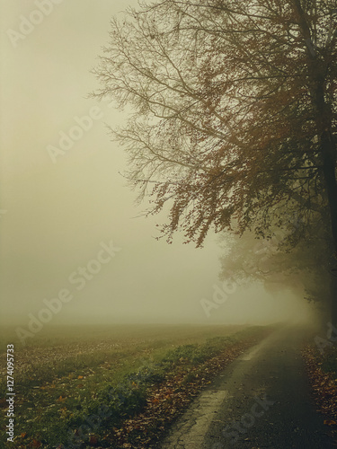 A road along the forest leading off into the fog