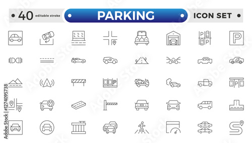 parking outline icons related to road, street, drive, crosswalk, highway, traffic, lights, gps, bridge, roundabout, directions, barrier. Editable stroke outline icon. 
