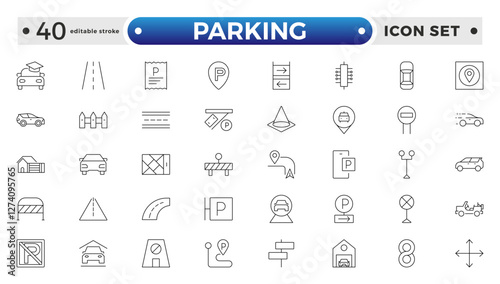 parking outline icons related to road, street, drive, crosswalk, highway, traffic, lights, gps, bridge, roundabout, directions, barrier. Editable stroke outline icon. 

