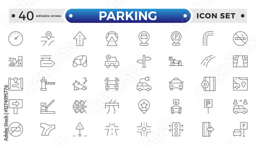 parking outline icons related to road, street, drive, crosswalk, highway, traffic, lights, gps, bridge, roundabout, directions, barrier. Editable stroke outline icon. 

