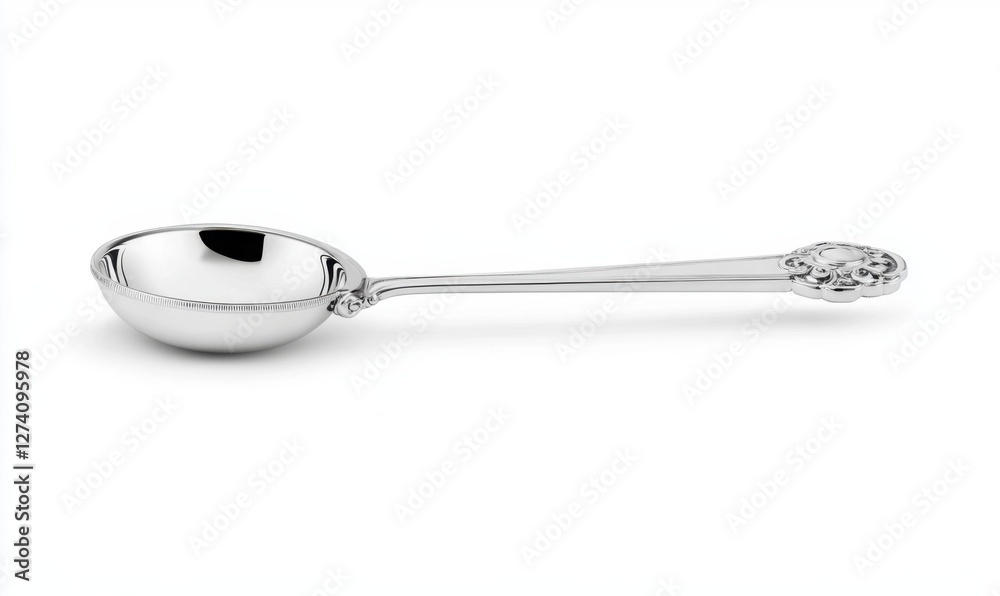 A polished silver measuring spoon resting on a clean white surface, ideal for culinary use A polished silver measuring spoon resting on a clean white surface, ideal for culinary use