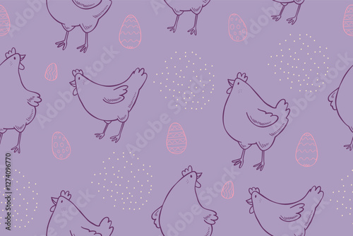 Easter seamless pattern with hen and eggs. Good for fabric, background, postcards. Cartoon funny animals in pastel colours